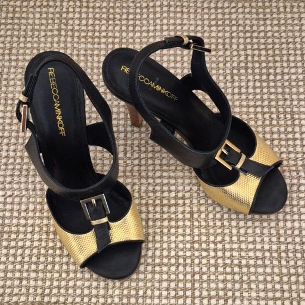 Rebecca Minkoff 8 Black Gold Leather Strappy Heels Sandals Y2K Glam Buckle Party